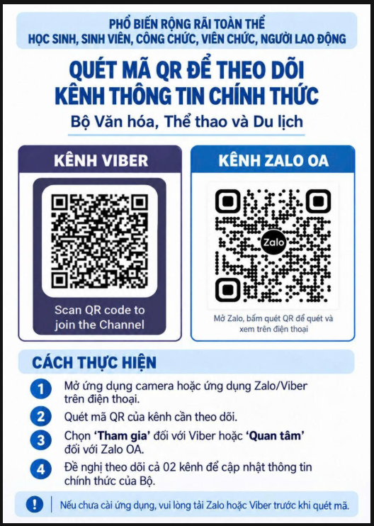 Giới thiệu Trang Thông tin Văn hóa - Thể -thao - Du lịch  chính thức của Bộ Văn hóa, Thể thao và Du lịch trên kênh Zalo OA và Viber